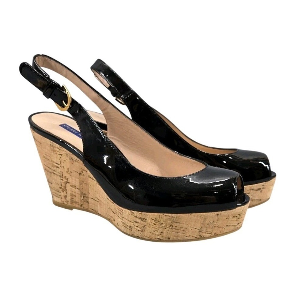 Stuart Weitzman Black Patent Leather Cork Wedge Slingback Peep Toe Sandals Sz 8
